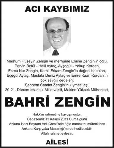 Ailesinin verdiği vefat ilanı