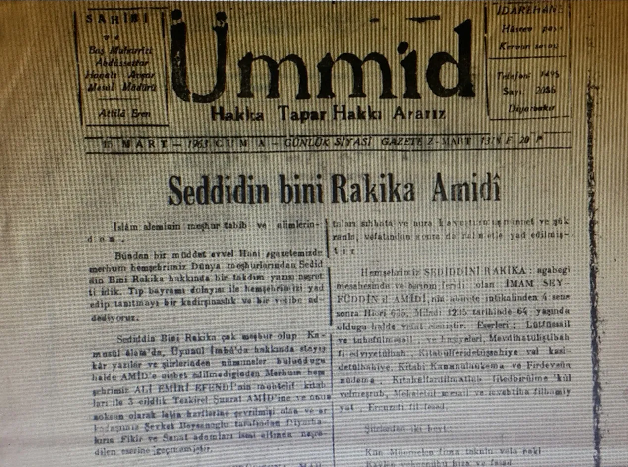 Hayati Avşar'ın Seddidin Bini Rakika'yı tanıttığ yazı