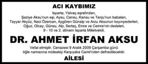 Dr. İrfan Aksu için verilen vefat ilanı