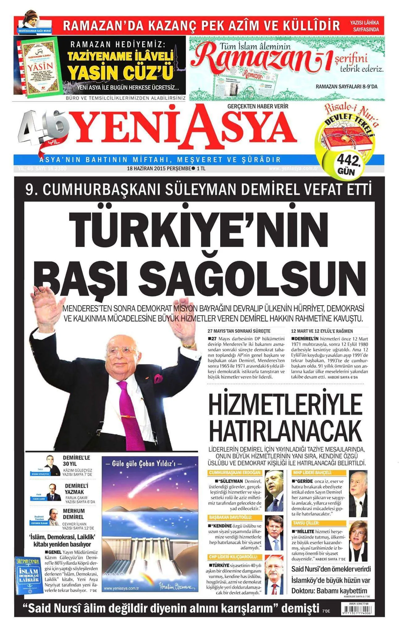 Süleyman Demirel'in vefatında Yeni Asya'nın manşeti