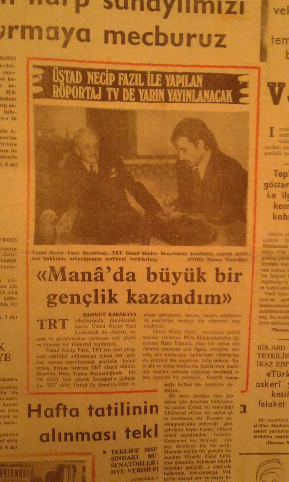 Necip Fazil'dan takdir alan haberi ana sayfada (Milli Gazete 12.12.1974)