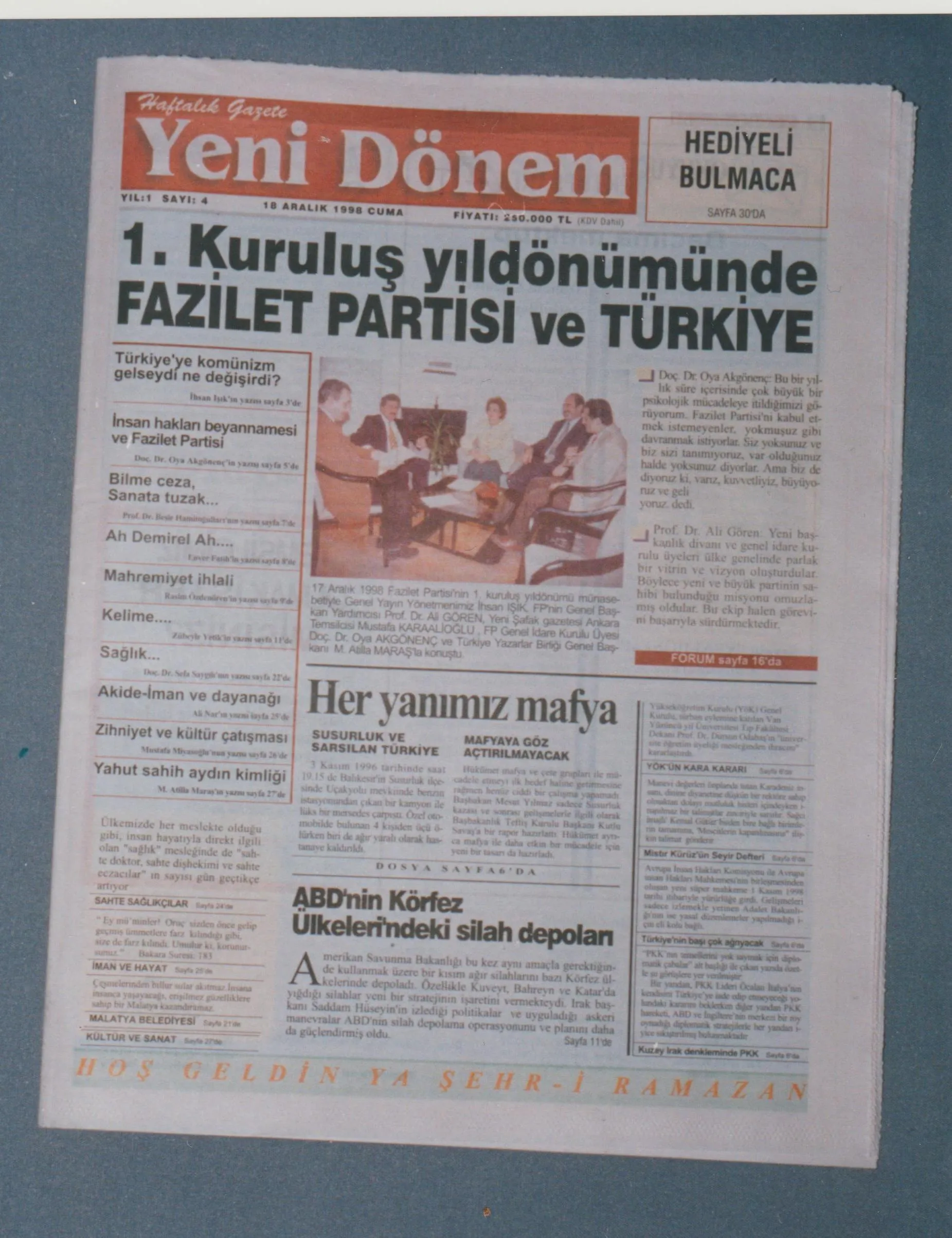 İhsan Işık - Yayın yönetmenliğini yaptığı  Yeni Dönem gazetesinin18.12.1998 sayısı